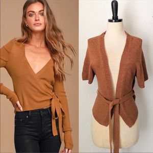 THEORY Sweater Open Cardigan Wrap Cropped Knit Top Size L Orange Brown